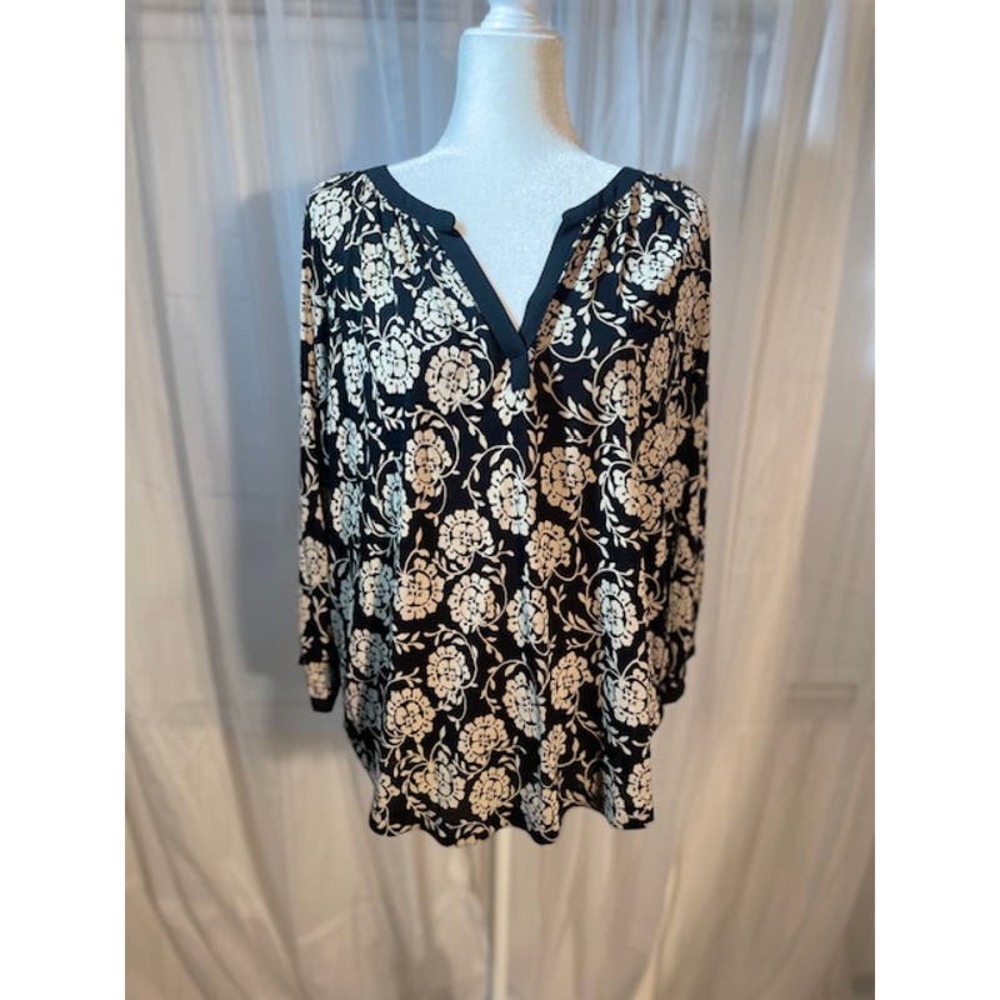 Loft Size Medium Blouse‎ Long-Sleeve Blouse Black Cream Floral